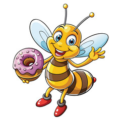 cartoon bee enjoys holding a big honey-covered donut with joy