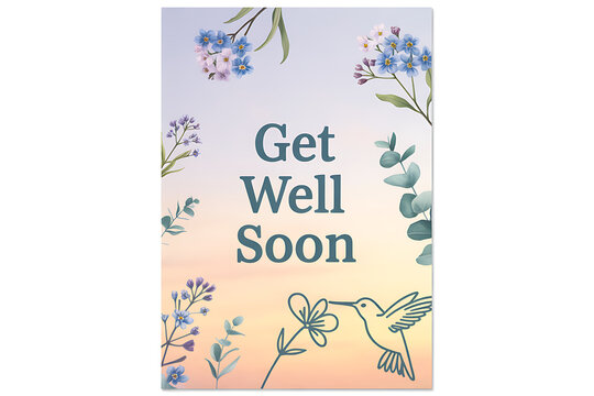 Thoughtful get well soon card featuring delicate watercolor florals and a sweet hummingbird, send positive vibes and cheer with this elegant design