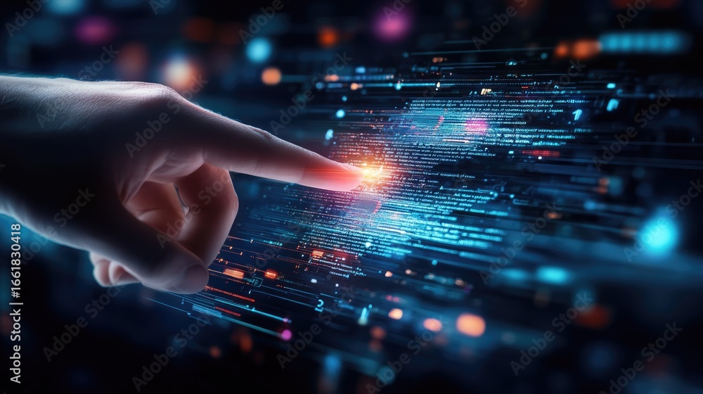 Poster a close-up view of a human hand pointing towards vibrant digital data streams, symbolizing interacti