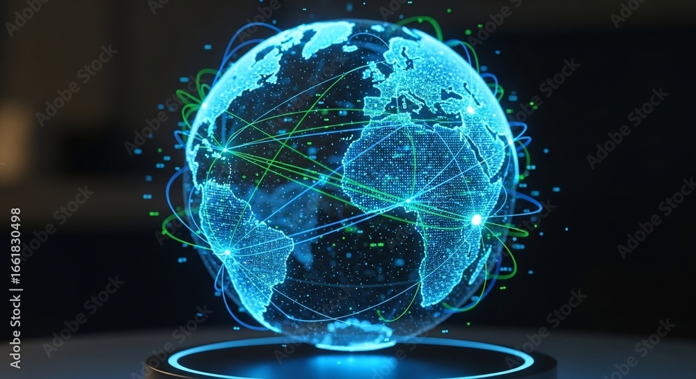 Poster luminous digital globe visualizing global data networks and connectivity.