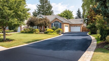 A house with a driveway and a black asphalt road. The house is surrounded by trees and has a green lawn