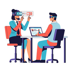 Virtual Reality in the Workplace: A stylized depiction of a futuristic business setting, showcasing two figures immersed in a virtual reality environment.
