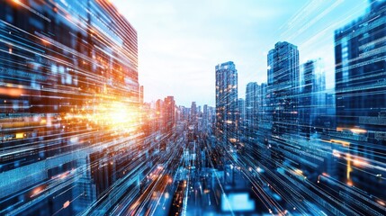 A dynamic cityscape featuring towering skyscrapers illuminated by vibrant lights, showcasing modern architecture against a twilight skyline