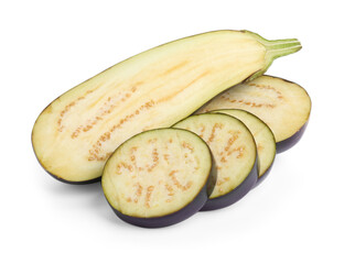 Pieces of fresh eggplants isolated on white