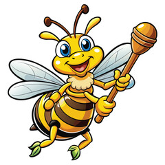 bee happily holds a honey dipper with sweet honey dripping
