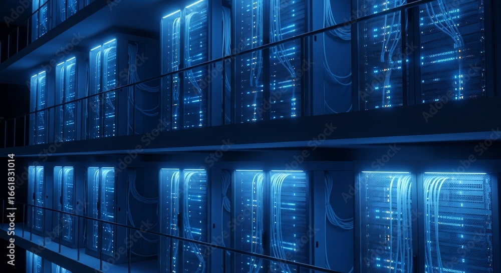 Aufkleber multilevel data center with rows of glowing blue servers and intricate cabling.