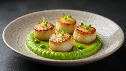 Four Seared Scallops with Pea Puree and Microgreens on a Textured Ceramic Plate seafood gourmet