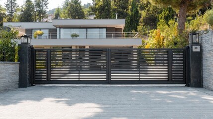 A large house with a black gate in front of it. The gate is made of metal and has a modern design. The house is surrounded by trees and has a large driveway