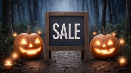 Spooky halloween festival sale sign in dark forest path with glowing pumpkin lanterns
