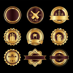 Collection of Golden Premium Badges with Beer and Alcohol Elements