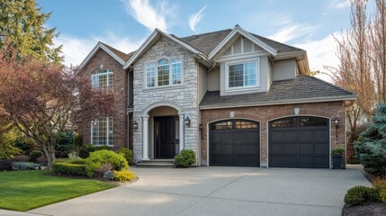 A large brick house with a white roof and a green lawn. The house has two black garage doors and a big driveway