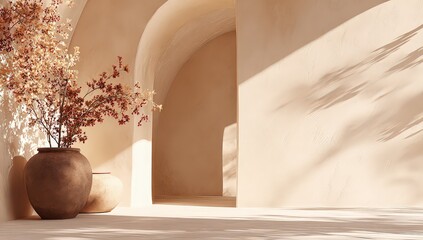 Beige Minimalist Interior Design With Archway And Potted Plant