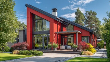 A large red house with a slanted roof and a black chimney. The house has a lot of windows and a porch. The house is surrounded by a lush green lawn and bushes
