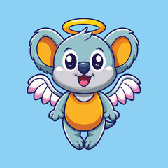 cartoon koala with angel wings and halo flying happily in the sky