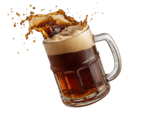 Dark beer mug splash flying glass foam isolated transparent background refreshing dynamic cold beverage straight side object excitement