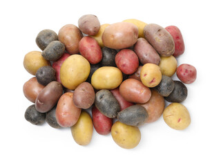 Different types of potatoes isolated on white, top view