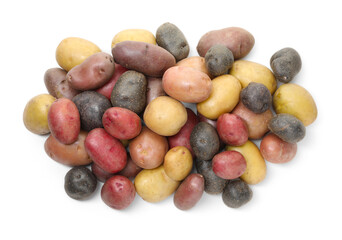 Different types of potatoes isolated on white, top view