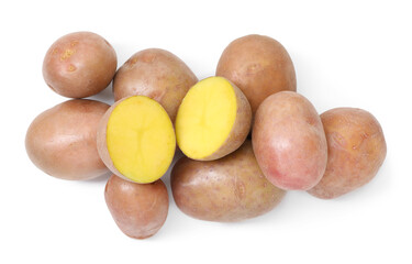 Whole and cut fresh potatoes isolated on white, top view