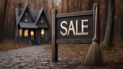 Spooky halloween festival sale sign with witch's broom enchanted forest outdoor setting eerie atmosphere
