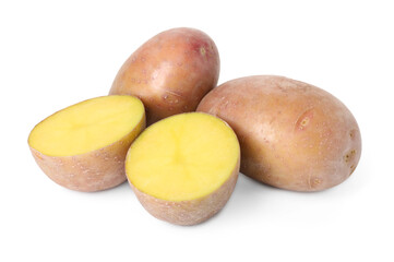 Whole and cut fresh potatoes isolated on white