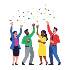 Celebration of achievements and recognition in business: A dynamic illustration of a diverse group of business professionals exuberantly celebrating success with colorful confetti. 