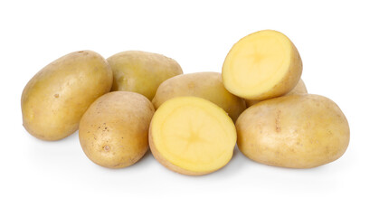 Many fresh ripe potatoes isolated on white