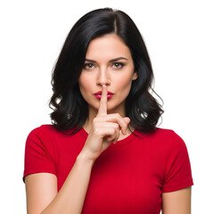 Fototapeta premium Woman Showing Shhh Silence Gesture on White