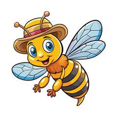 Cute cartoon bee flies happily while wearing a little hat