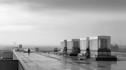 Obraz premium Industrial Rooftop with Air Vents on Building in Gray Atmosphere