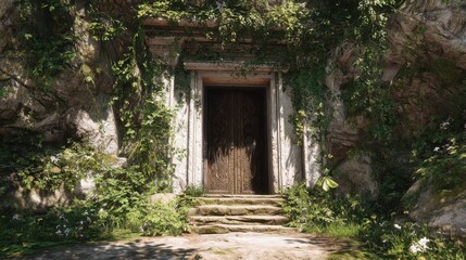 Hidden Royal Tomb Entrance Surrounded by Vines and Lush Foliage