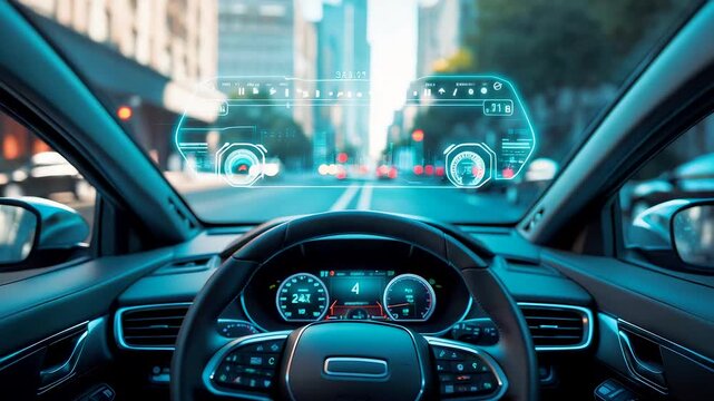 Futuristic car dashboard with digital head up display showing augmented navigation on busy urban city street - Powered by Adobe