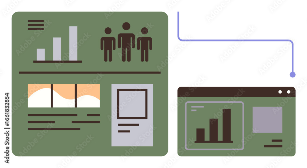 Poster detailed dashboard layout with bar graphs, user figures, image windows, connected to a browser scree