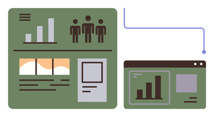 Detailed dashboard layout with bar graphs, user figures, image windows, connected to a browser screen. Ideal for data analysis, presentation, teamwork, statistics, visualization reports simple flat