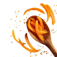  Candied orange peels on wooden spoon and white marble table. [Transparent Background PNG].