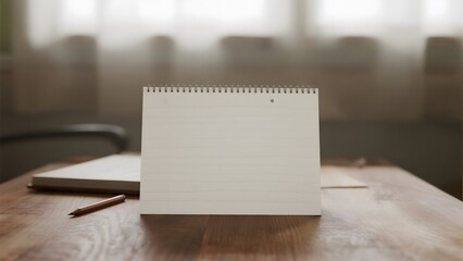 Blank Notepad Standing Upright on a Wooden Table with Soft Background Lighting