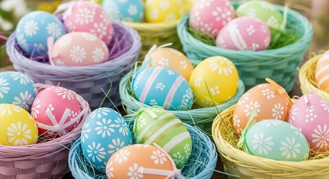 Vibrant Array of FloralPatterned Easter Eggs in Colorful Woven Baskets.