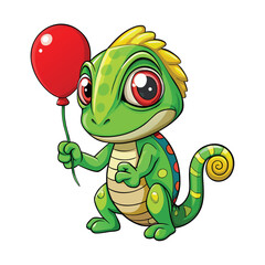 chameleon holds a colorful balloon