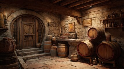 Rustic Indoor Wine Cellar with Wooden Barrels and Stone Walls