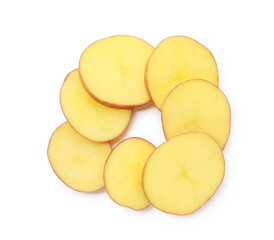 Pieces of fresh potatoes isolated on white, top view