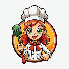 Cute cartoon chef girl in uniform holds a turner with a cheerful smile