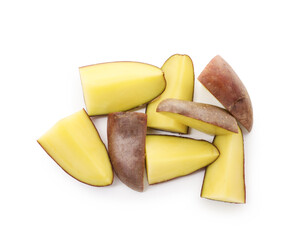 Pieces of fresh potatoes isolated on white, top view