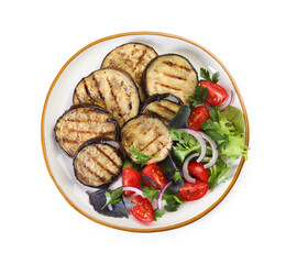 Grilled slices of eggplant with salad isolated on white, top view