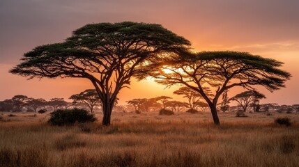 Obraz premium Acacia Trees Against a Majestic Sunset in the Savanna Landscape