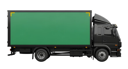A modern black truck with a large green space for advertising or branding. Ideal for commercial projects related to transport, logistics, and delivery services. Isolated white background. Green screen