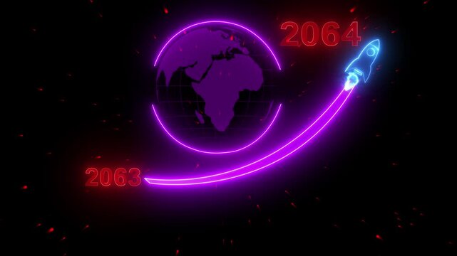 2064 concept of new year beginning, happy celebration, festival, new life, growth of business, startup. Businessman shows glowing neon line word of 2064 with rocket icon on black background.