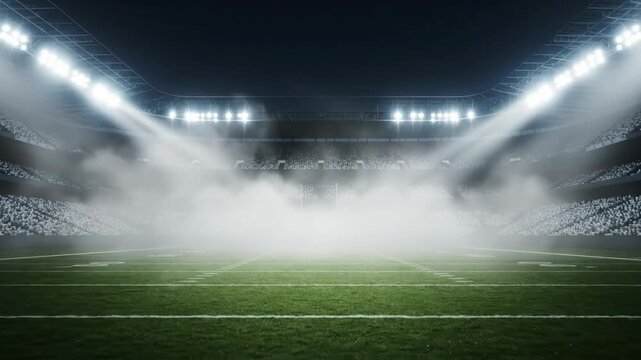 Illuminated Football Stadium with Foggy Atmosphere - A football stadium is depicted under bright, glowing lights, creating a dramatic and intense ambiance.