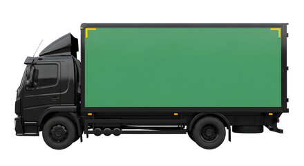 A modern black truck with a large green space for advertising or branding. Ideal for commercial projects related to transport, logistics, and delivery services. Isolated white background. Green screen