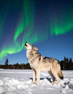 Wolf howling at aurora borealis