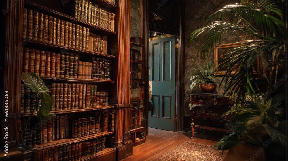 Poster mysterious hidden room behind bookshelf in vintage library setting