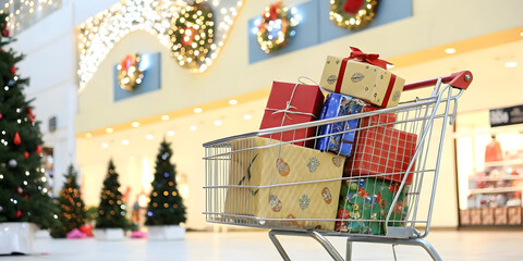 Shopping cart with Christmas gifts in shopping mall, closeup view